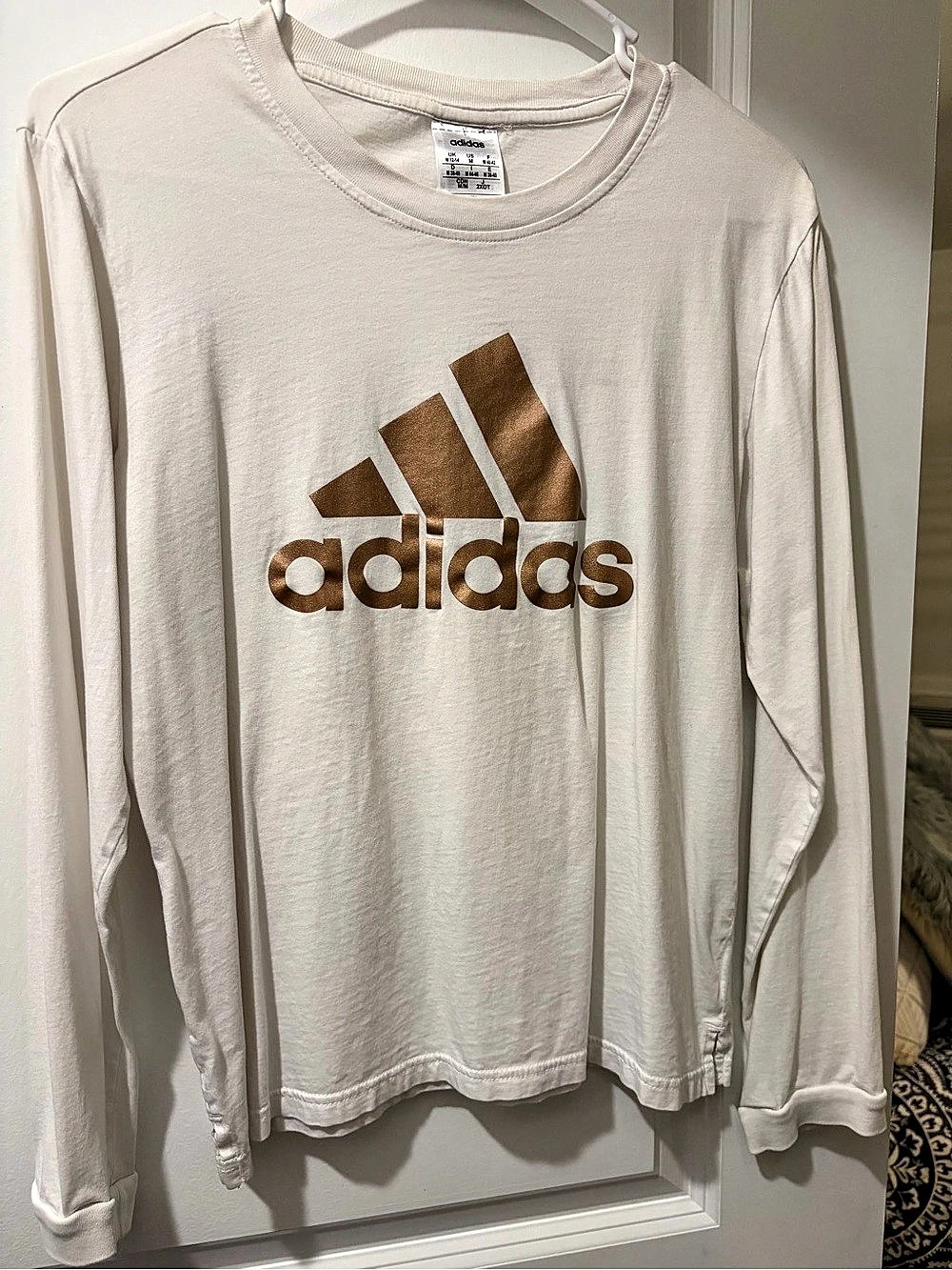 adidas Long Sleeve Logo Tee White & Brown Medium